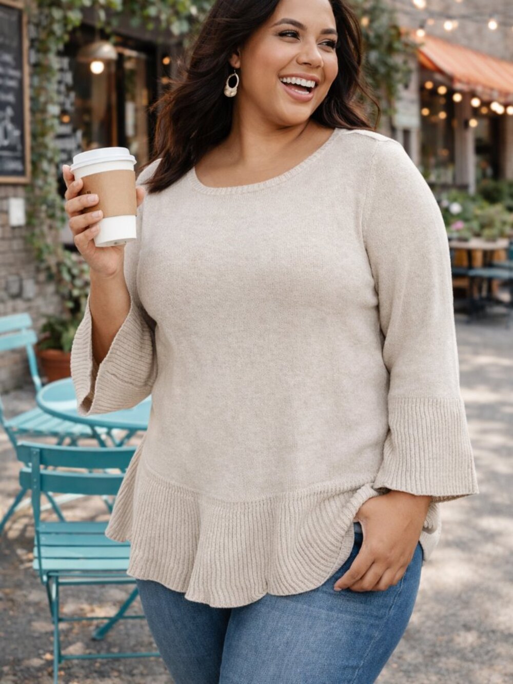 Style & Co Ruffle Hem Sweater 0X NWT Cream Ribbed Boho Chic Top